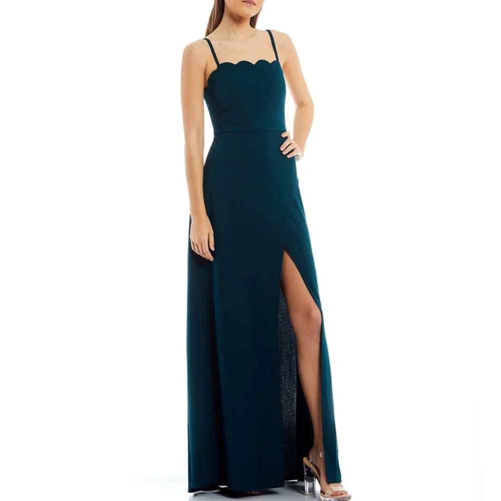 Spaghetti Strap Scalloped Square Neck Scuba Crepe Long Dress | Size 1